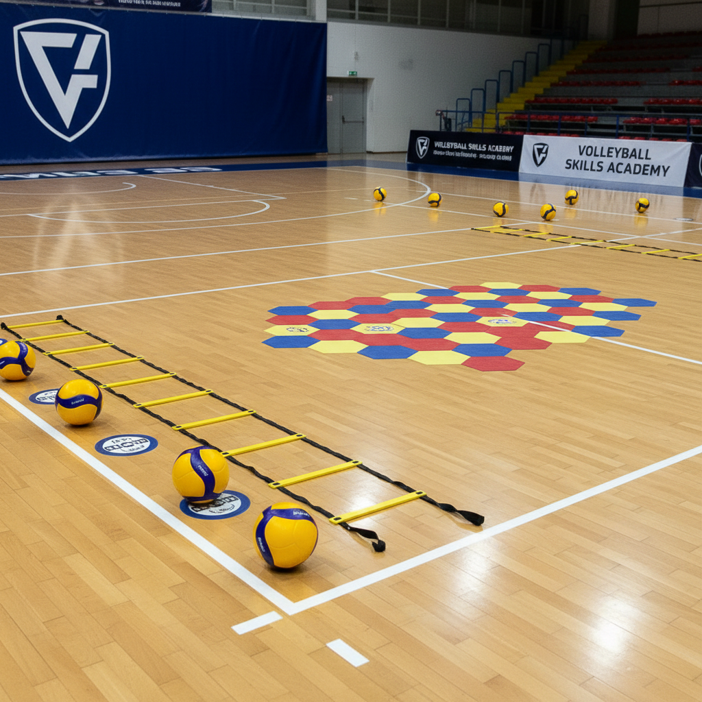 A meticulously organized skill station setup on an indoor volleyball court: several volleyballs placed at designated spots along a service line, colored floor markers forming a pattern for footwork drills, and a lightweight training ladder extending across the hardwood. The court’s boundary lines and centerline create clean geometric shapes under bright, even gym lighting. A subtle reflection on the floor adds polish without distraction. Photographed from a slightly elevated corner angle with sharp focus throughout, the image conveys structure and progression, ideal for portraying beginner through advanced clinics, youth skill classes, and targeted training sessions in a professional club setting.