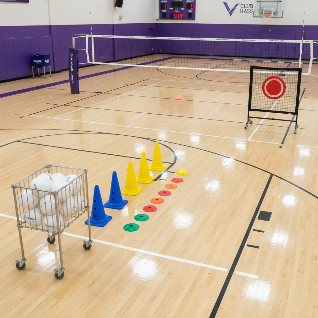 A neatly arranged row of modern volleyball training equipment on a clean indoor court: a ball cart filled with pristine volleyballs, adjustable training cones, flat agility dots, and a portable target net system, all positioned along a bright baseline. The glossy hardwood floor reflects subtle highlights from diffused overhead gym lighting. In the background, a regulation net spans the court and a faint scoreboard suggests an organized club environment in suburban Massachusetts. The photographic composition uses a slightly elevated angle and strong leading lines from the court markings, conveying structure, professionalism, and readiness for clinics, classes, and specialized skill development sessions.