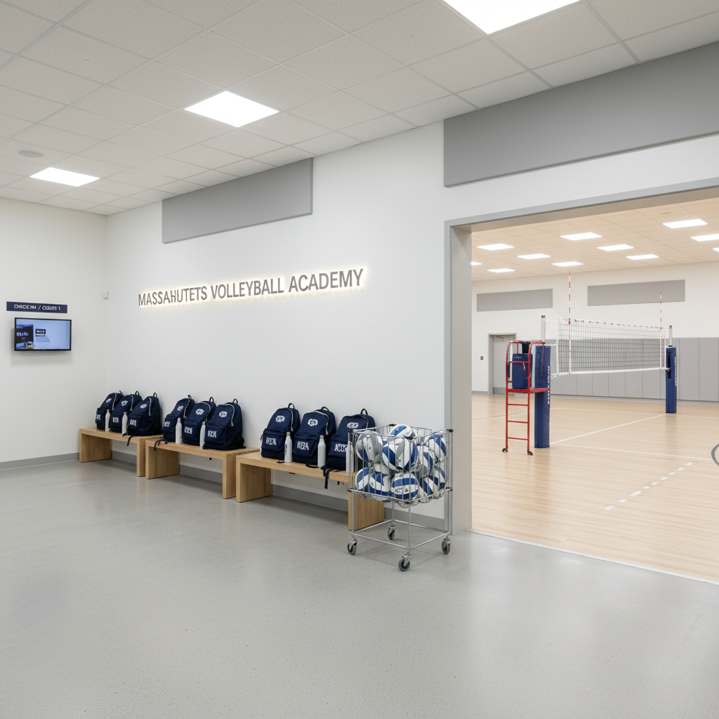 A clean, modern check-in and gear area just off an indoor volleyball court in a Massachusetts training facility. Several neatly lined benches hold organized volleyball backpacks, knee pads, and water bottles, while a mesh ball cart filled with pristine balls waits near an open doorway leading to the bright court beyond. Overhead lights provide soft, even illumination, creating a welcoming yet professional mood. Captured with an eye-level, wide-angle composition, the image shows both the orderly gear space and a glimpse of the net and court markings, suggesting well-run programs, private lessons, and team practices in a polished club environment.