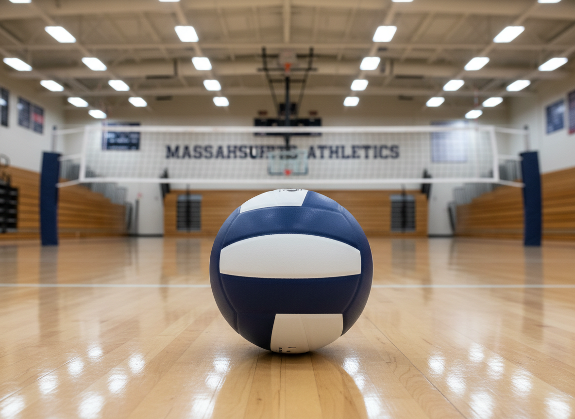A pristine, competition-quality indoor volleyball resting at the center of a polished hardwood court, its white and navy panels sharply defined with subtle texture in the material. Faint boundary lines and a professional-grade net stretch into the background inside a spacious Massachusetts gym. Overhead LED lights cast bright, even illumination, creating crisp reflections on the floor and gentle shadows under the ball. The mood is focused and professional, evoking high-level training and serious play. Photographed at eye level with a slightly shallow depth of field, the ball is in razor-sharp focus while the far court and bleachers blur softly, emphasizing the readiness for youth and teen volleyball training at all skill levels.